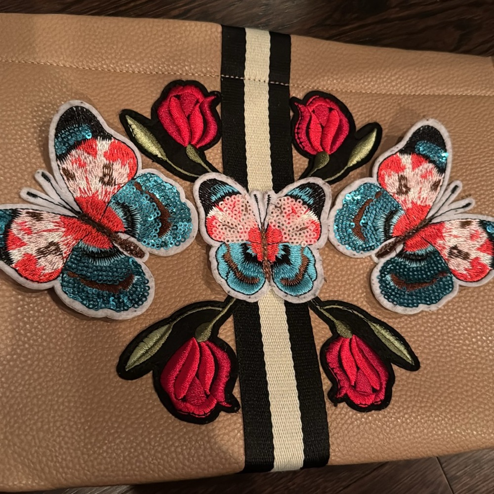 Tan Clutch with Butterfly and Rose Embroidery